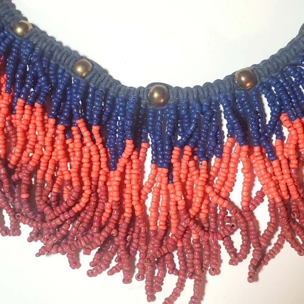 Free People Seed Bead Fringe Collar Bib Necklace Boho Tribal Statement Necklace